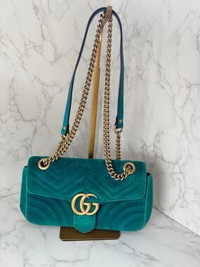 Gucci GG Marmont Velvet Shoulder Bag in a Gorgeous Green Teal Colorway